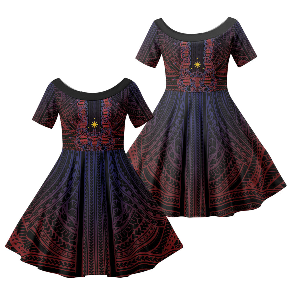 Filipino Barong Tagalog Inspired Personalised Family Matching Off Shoulder Short Dress and Hawaiian Shirt Mabuhay Philippines Festival Polynesian Pattern LT14 Daughter's Dress Black - Polynesian Pride