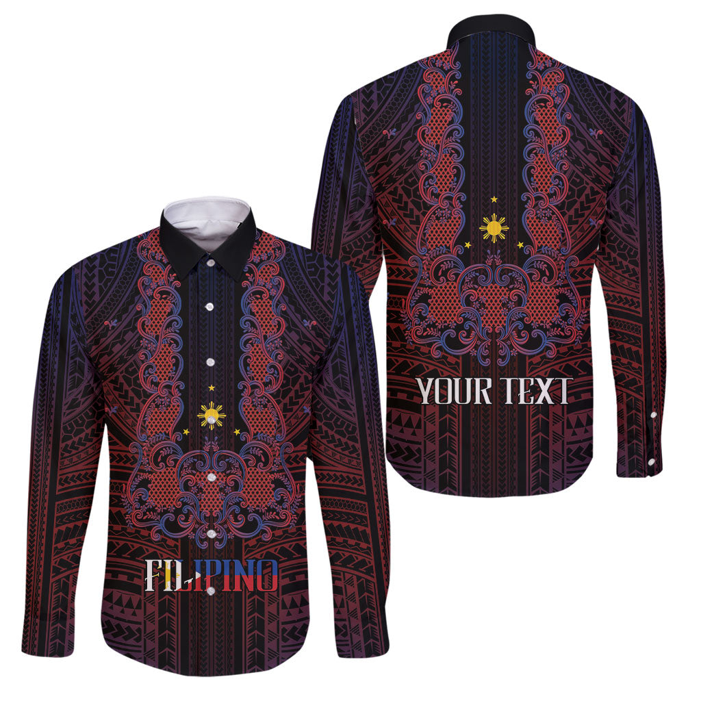Filipino Barong Tagalog Inspired Personalised Family Matching Puletasi and Hawaiian Shirt Mabuhay Philippines Festival Polynesian Pattern LT14 Dad's Shirt - Long Sleeve Black - Polynesian Pride
