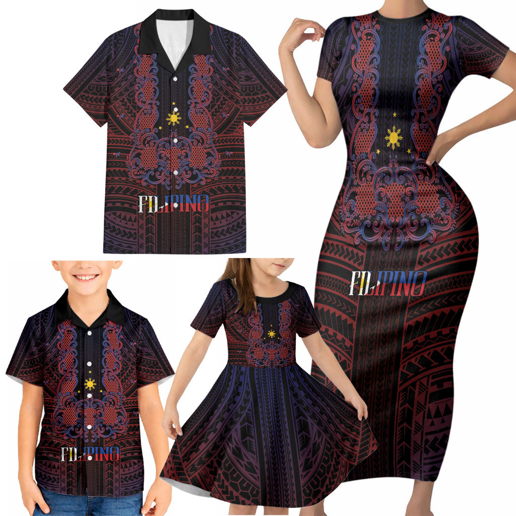 Filipino Barong Tagalog Inspired Personalised Family Matching Short Sleeve Bodycon Dress and Hawaiian Shirt Mabuhay Philippines Festival Polynesian Pattern LT14 - Polynesian Pride