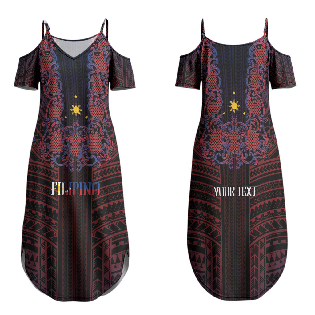 Filipino Barong Tagalog Inspired Personalised Family Matching Summer Maxi Dress and Hawaiian Shirt Mabuhay Philippines Festival Polynesian Pattern LT14 Mom's Dress Black - Polynesian Pride