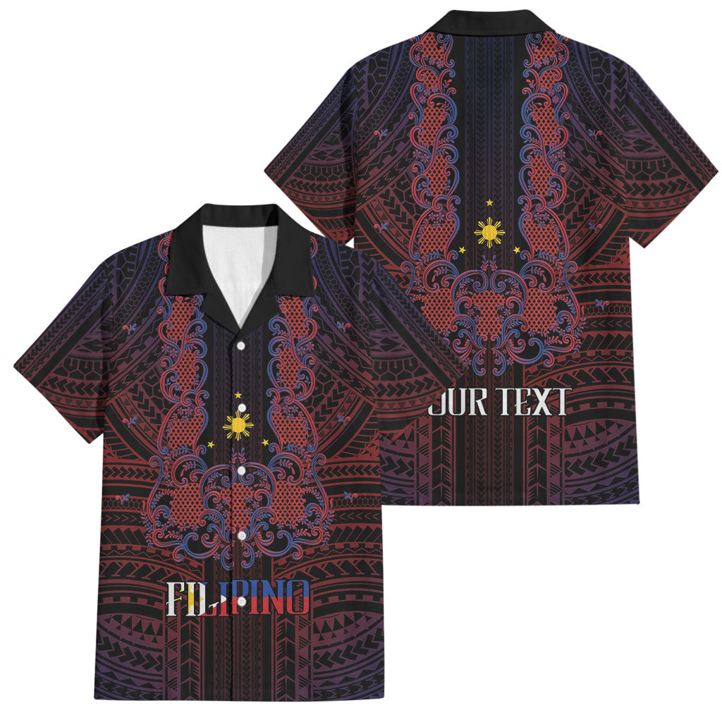 Filipino Barong Tagalog Inspired Personalised Family Matching Tank Maxi Dress and Hawaiian Shirt Mabuhay Philippines Festival Polynesian Pattern LT14 Dad's Shirt - Short Sleeve Black - Polynesian Pride