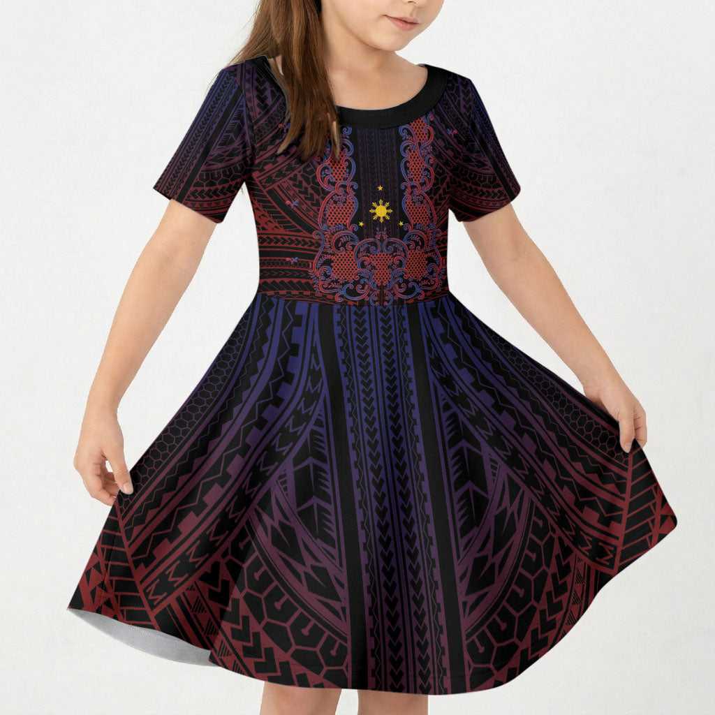 Filipino Barong Tagalog Inspired Personalised Kid Short Sleeve Dress Mabuhay Philippines Festival Polynesian Pattern LT14 KID Black - Polynesian Pride