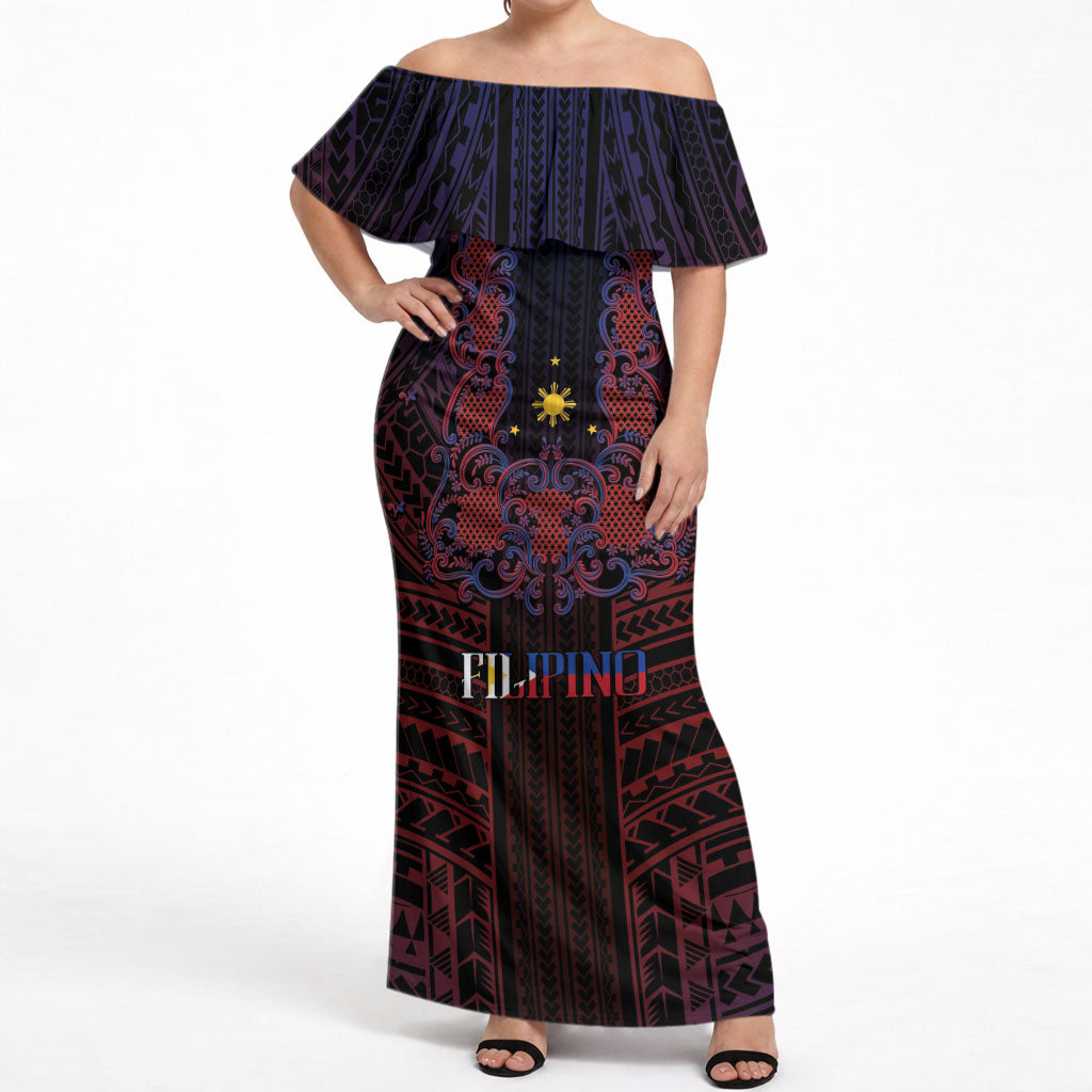 Filipino Barong Tagalog Inspired Personalised Off Shoulder Maxi Dress Mabuhay Philippines Festival Polynesian Pattern LT14 Women Black - Polynesian Pride