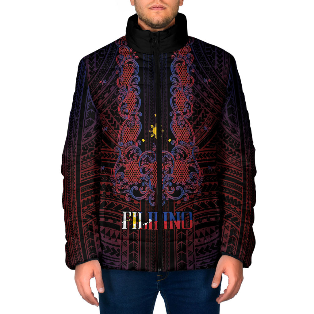Filipino Barong Tagalog Inspired Personalised Padded Jacket Mabuhay Philippines Festival Polynesian Pattern LT14 Men Black - Polynesian Pride
