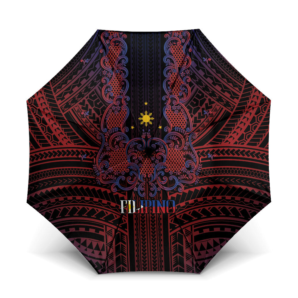 Filipino Barong Tagalog Inspired Umbrella Mabuhay Philippines Festival Polynesian Pattern LT14 One Size Folded 11.42 inch Opened Diameter 37.4 inch Black - Polynesian Pride