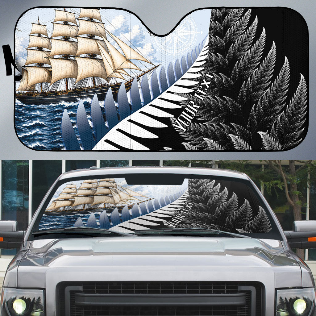 Personalised New Zealand Pakeha Auto Sun Shade Kiwi Silver Fern and Sailing Ship Compass LT14 Blue - Polynesian Pride