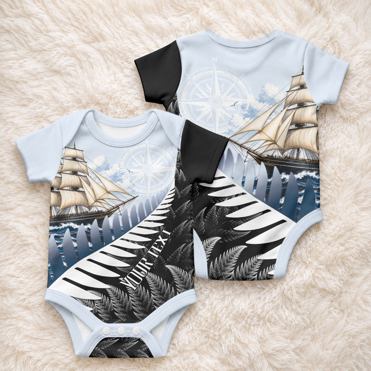Personalised New Zealand Pakeha Baby Onesie Kiwi Silver Fern and Sailing Ship Compass