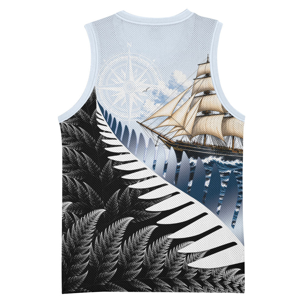 Personalised New Zealand Pakeha Basketball Jersey Kiwi Silver Fern and Sailing Ship Compass LT14 - Polynesian Pride