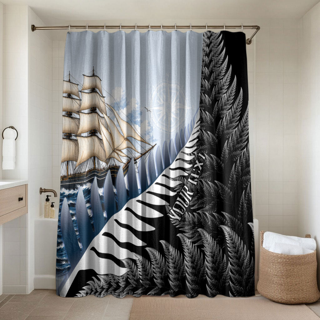 Personalised New Zealand Pakeha Bathroom Set Kiwi Silver Fern and Sailing Ship Compass LT14 Shower Curtain Only Blue - Polynesian Pride