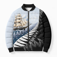 Personalised New Zealand Pakeha Bomber Puffer Jacket Kiwi Silver Fern and Sailing Ship Compass LT14 Unisex Blue - Polynesian Pride
