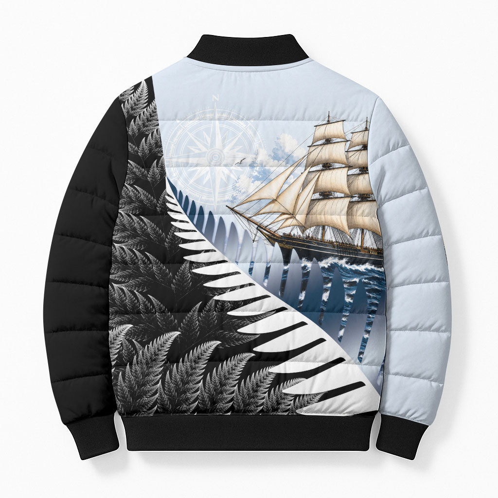 Personalised New Zealand Pakeha Bomber Puffer Jacket Kiwi Silver Fern and Sailing Ship Compass LT14 - Polynesian Pride