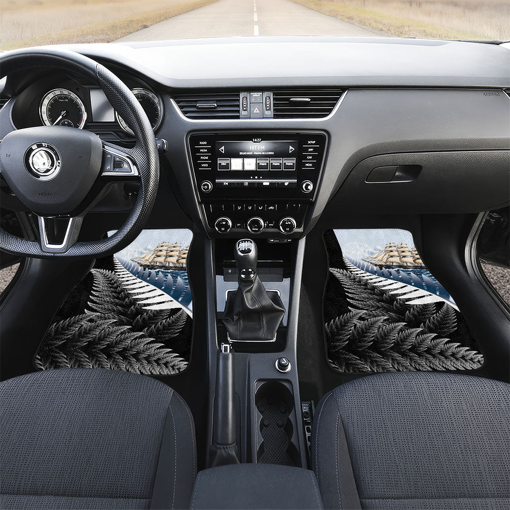 New Zealand Pakeha Car Mats Kiwi Silver Fern and Sailing Ship Compass LT14 Set 2pcs - Front Blue - Polynesian Pride