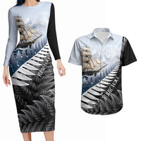 Personalised New Zealand Pakeha Couples Matching Long Sleeve Bodycon Dress and Hawaiian Shirt Kiwi Silver Fern and Sailing Ship Compass LT14 Blue - Polynesian Pride