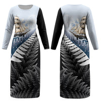 Personalised New Zealand Pakeha Couples Matching Long Sleeve Bodycon Dress and Hawaiian Shirt Kiwi Silver Fern and Sailing Ship Compass LT14 - Polynesian Pride