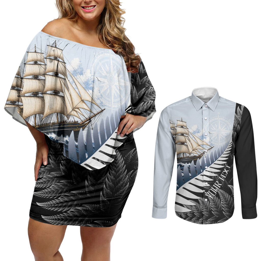 Personalised New Zealand Pakeha Couples Matching Off Shoulder Short Dress and Long Sleeve Button Shirt Kiwi Silver Fern and Sailing Ship Compass LT14 Blue - Polynesian Pride