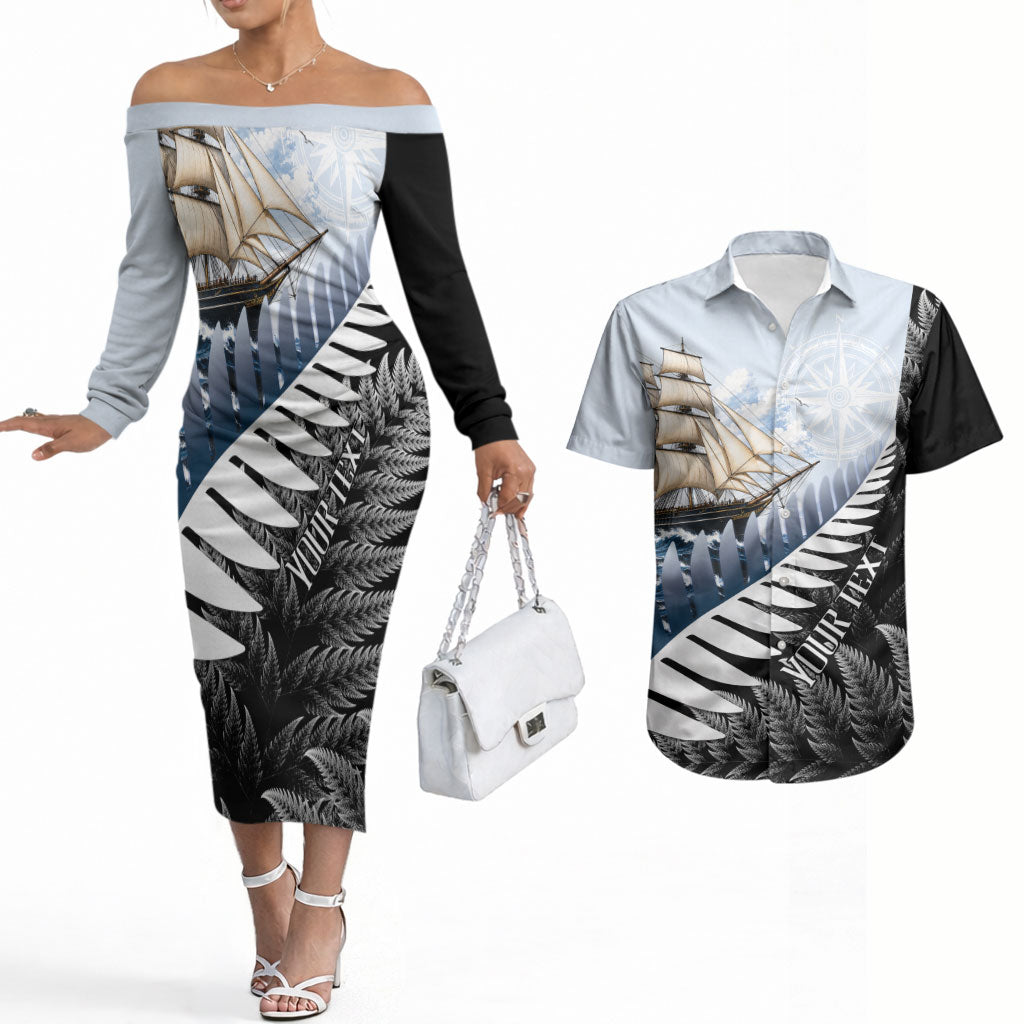 Personalised New Zealand Pakeha Couples Matching Off The Shoulder Long Sleeve Dress and Hawaiian Shirt Kiwi Silver Fern and Sailing Ship Compass LT14 Blue - Polynesian Pride