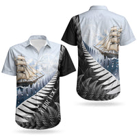 Personalised New Zealand Pakeha Couples Matching Off The Shoulder Long Sleeve Dress and Hawaiian Shirt Kiwi Silver Fern and Sailing Ship Compass LT14 - Polynesian Pride
