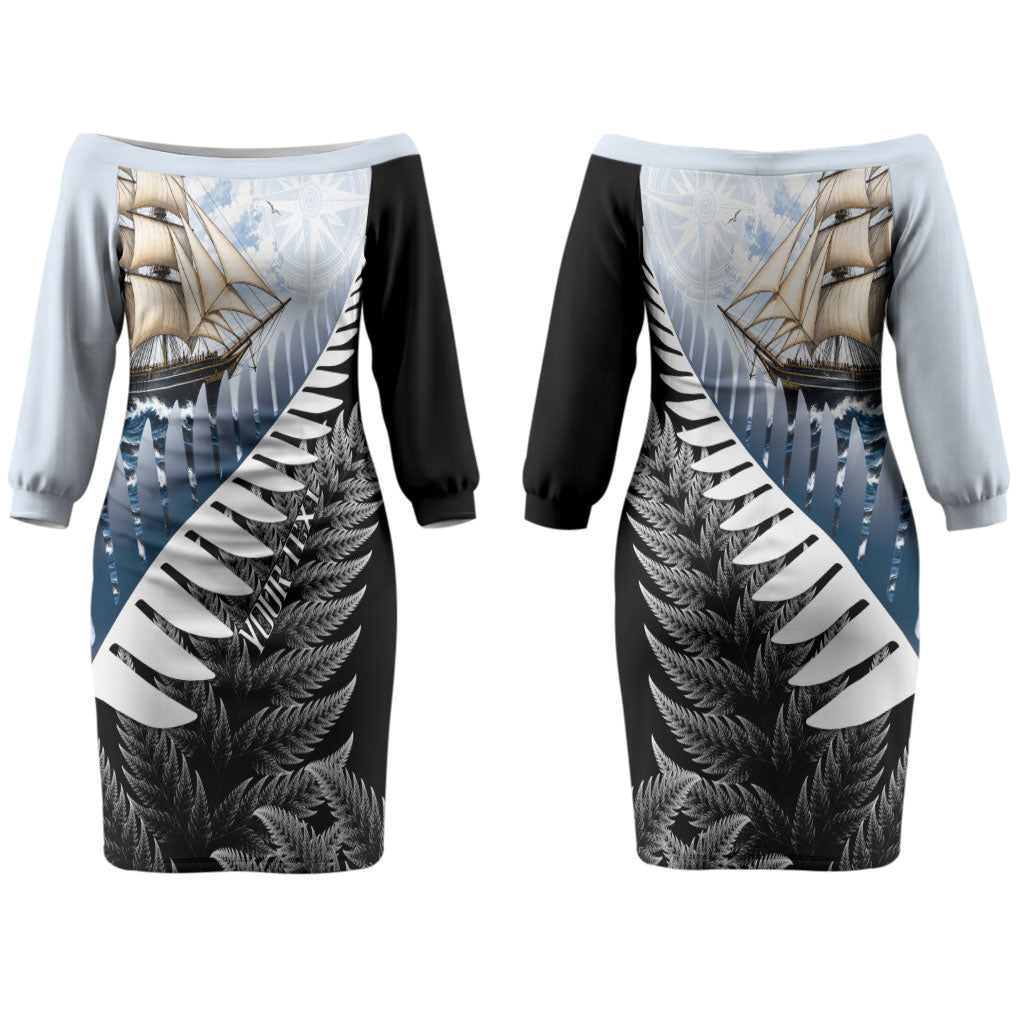 Personalised New Zealand Pakeha Couples Matching Off The Shoulder Long Sleeve Dress and Hawaiian Shirt Kiwi Silver Fern and Sailing Ship Compass LT14 - Polynesian Pride