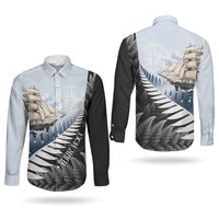 Personalised New Zealand Pakeha Couples Matching Puletasi and Long Sleeve Button Shirt Kiwi Silver Fern and Sailing Ship Compass LT14 - Polynesian Pride