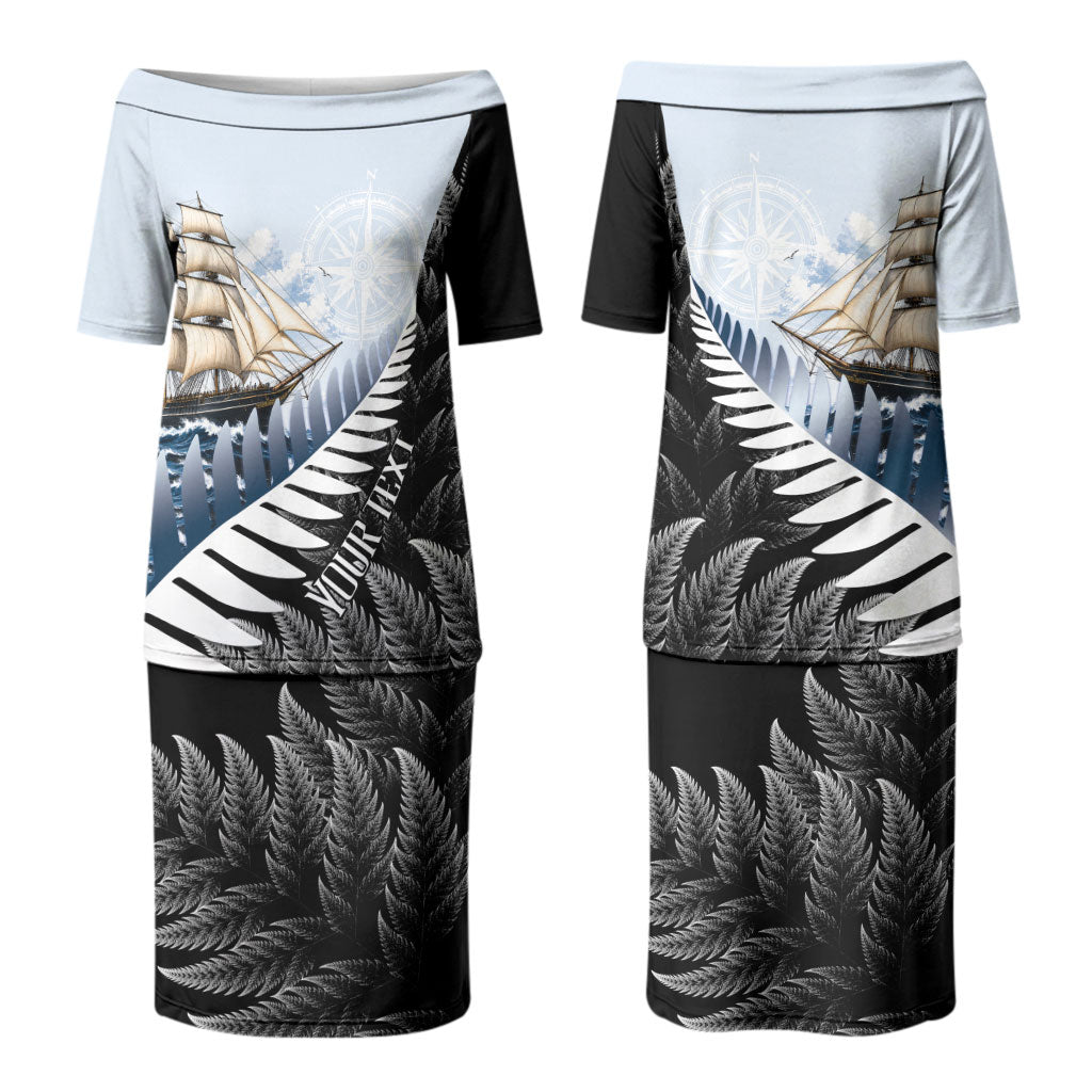 Personalised New Zealand Pakeha Couples Matching Puletasi and Long Sleeve Button Shirt Kiwi Silver Fern and Sailing Ship Compass LT14 - Polynesian Pride
