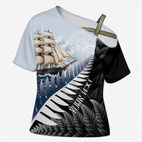 Personalised New Zealand Pakeha Cross Shoulder Shirt Kiwi Silver Fern and Sailing Ship Compass LT14 Female Blue - Polynesian Pride