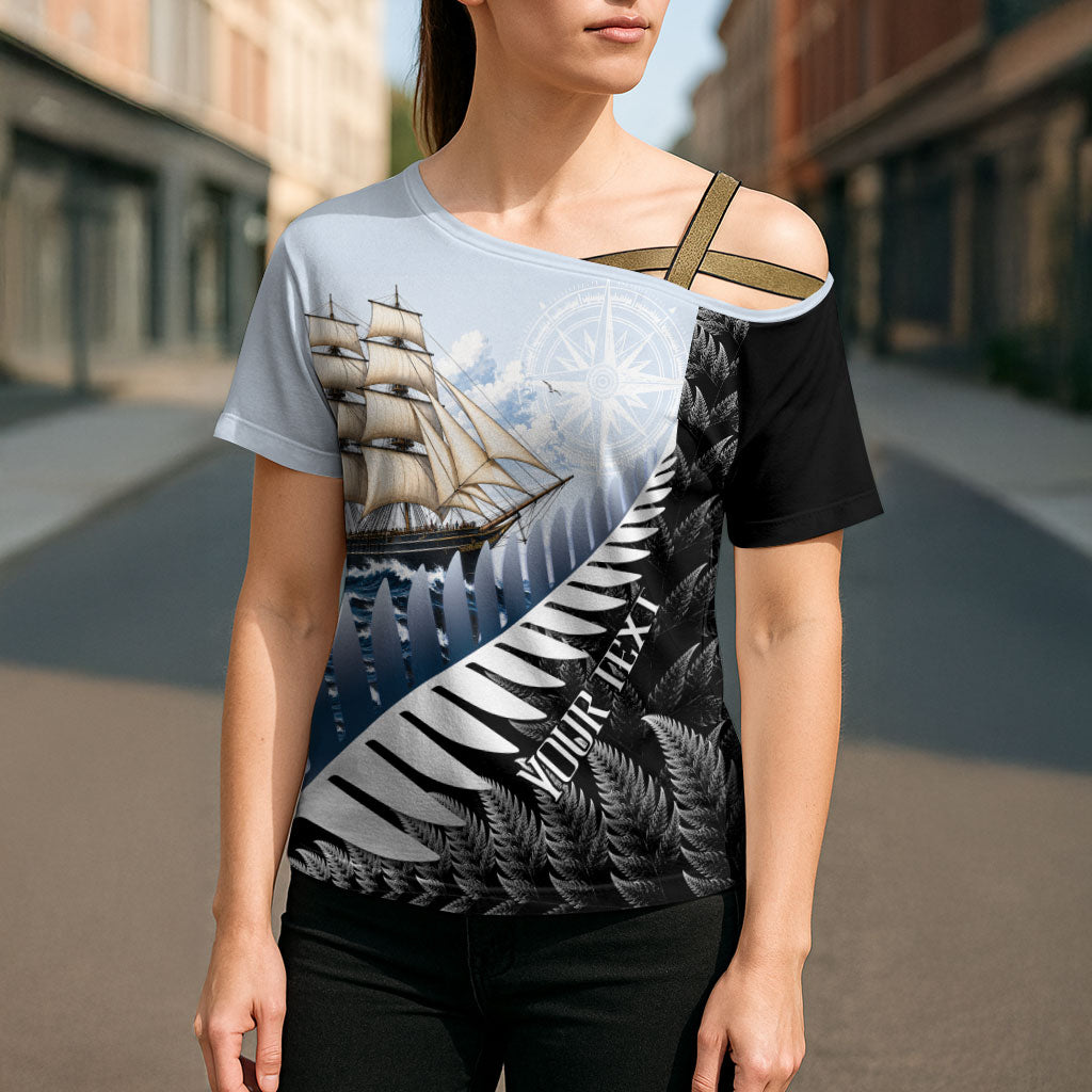Personalised New Zealand Pakeha Cross Shoulder Shirt Kiwi Silver Fern and Sailing Ship Compass LT14 - Polynesian Pride