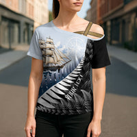 Personalised New Zealand Pakeha Cross Shoulder Shirt Kiwi Silver Fern and Sailing Ship Compass LT14 - Polynesian Pride
