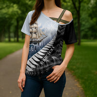 Personalised New Zealand Pakeha Cross Shoulder Shirt Kiwi Silver Fern and Sailing Ship Compass LT14 - Polynesian Pride