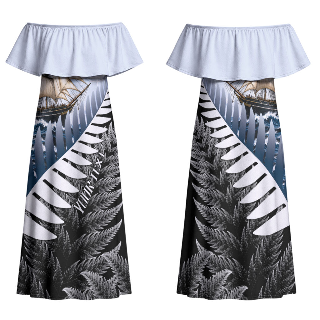 Personalised New Zealand Pakeha Family Matching Off Shoulder Maxi Dress and Hawaiian Shirt Kiwi Silver Fern and Sailing Ship Compass LT14 Mom's Dress Blue - Polynesian Pride