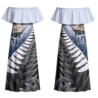 Personalised New Zealand Pakeha Family Matching Off Shoulder Maxi Dress and Hawaiian Shirt Kiwi Silver Fern and Sailing Ship Compass LT14 Mom's Dress Blue - Polynesian Pride
