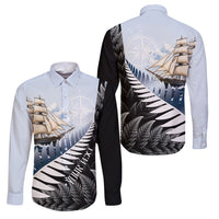 Personalised New Zealand Pakeha Family Matching Off Shoulder Maxi Dress and Hawaiian Shirt Kiwi Silver Fern and Sailing Ship Compass LT14 Dad's Shirt - Long Sleeve Blue - Polynesian Pride