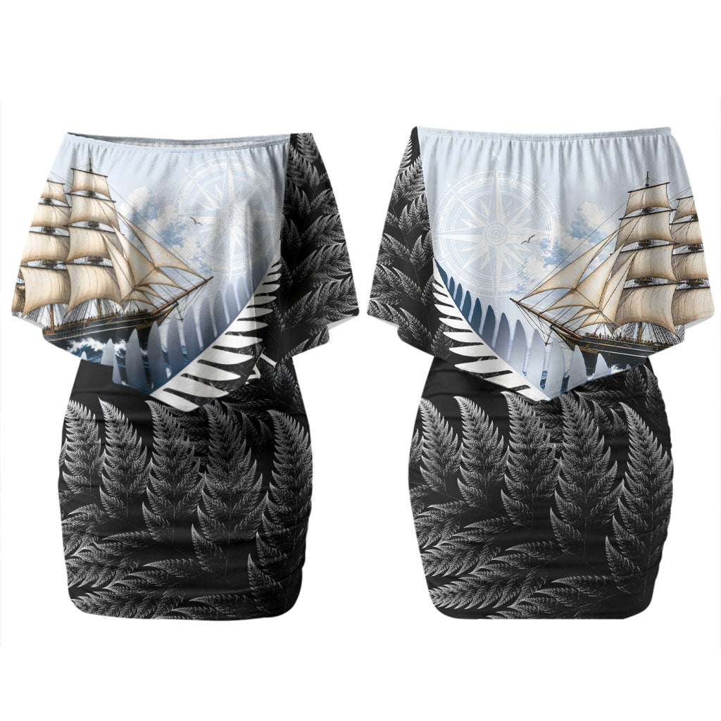 Personalised New Zealand Pakeha Family Matching Off Shoulder Short Dress and Hawaiian Shirt Kiwi Silver Fern and Sailing Ship Compass LT14 Mom's Dress Blue - Polynesian Pride