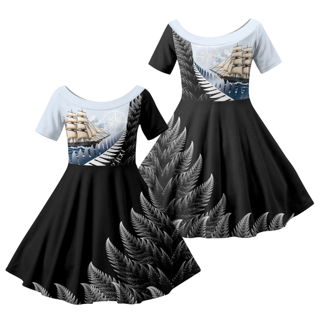 Personalised New Zealand Pakeha Family Matching Off Shoulder Short Dress and Hawaiian Shirt Kiwi Silver Fern and Sailing Ship Compass LT14 Daughter's Dress Blue - Polynesian Pride