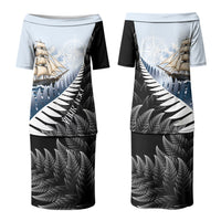 Personalised New Zealand Pakeha Family Matching Puletasi and Hawaiian Shirt Kiwi Silver Fern and Sailing Ship Compass LT14 Mom's Dress Blue - Polynesian Pride