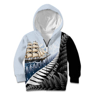 Personalised New Zealand Pakeha Kid Hoodie Kiwi Silver Fern and Sailing Ship Compass LT14 Zip Hoodie Blue - Polynesian Pride