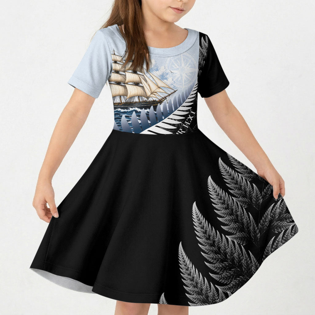 Personalised New Zealand Pakeha Kid Short Sleeve Dress Kiwi Silver Fern and Sailing Ship Compass LT14 KID Blue - Polynesian Pride