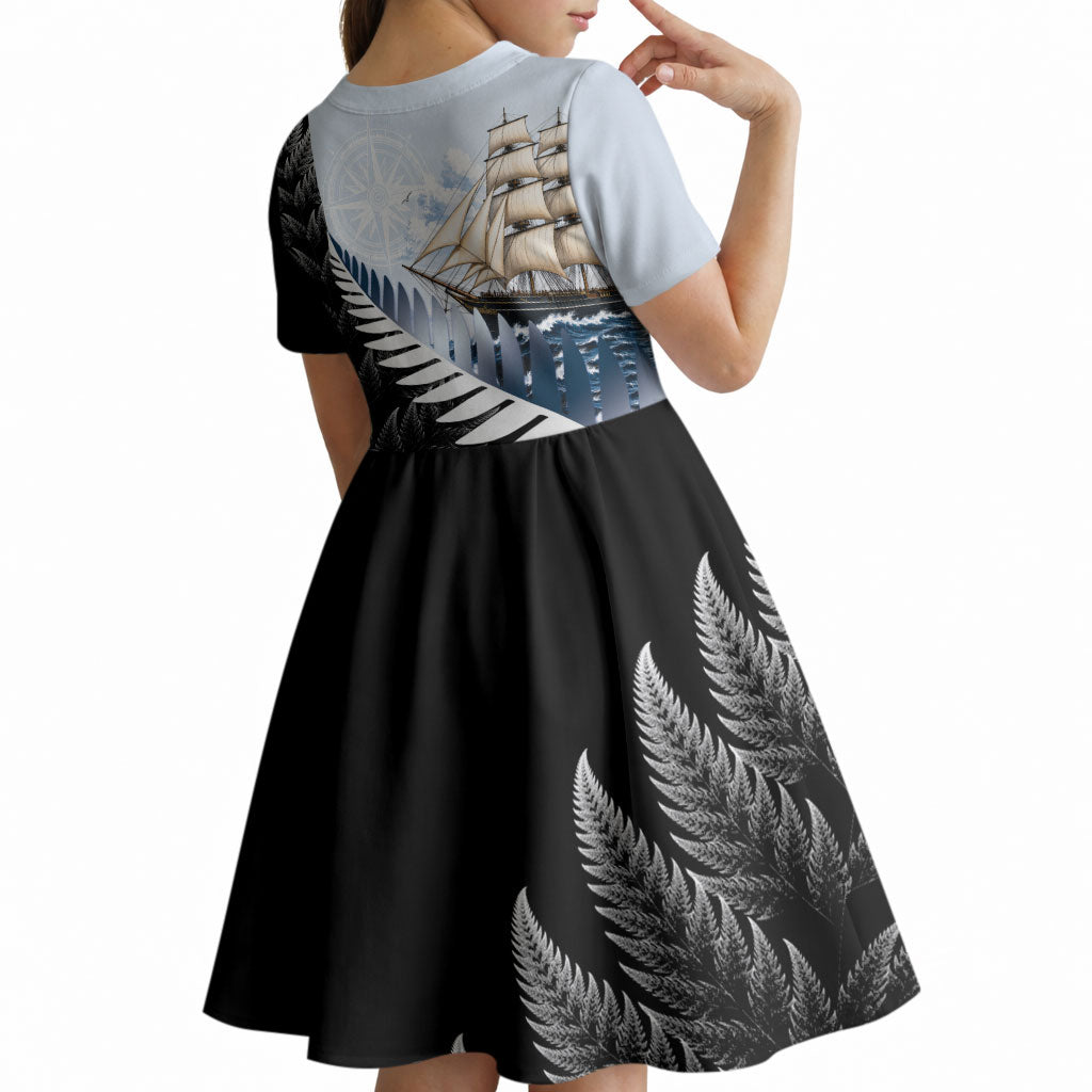 Personalised New Zealand Pakeha Kid Short Sleeve Dress Kiwi Silver Fern and Sailing Ship Compass LT14 - Polynesian Pride