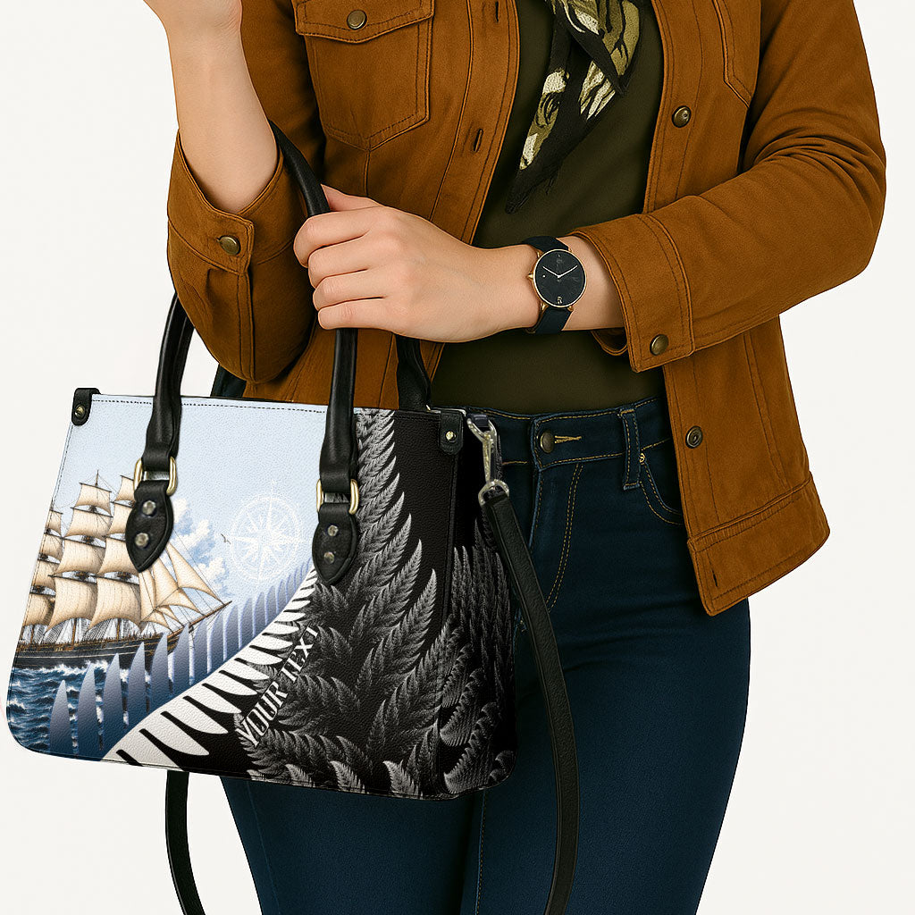 Personalised New Zealand Pakeha Leather Bag Kiwi Silver Fern and Sailing Ship Compass LT14 - Polynesian Pride