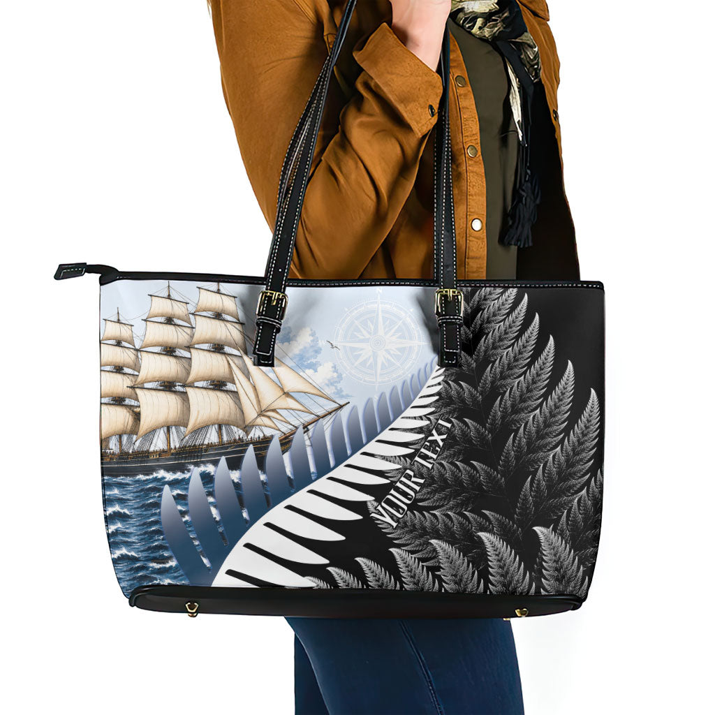 Personalised New Zealand Pakeha Leather Tote Bag Kiwi Silver Fern and Sailing Ship Compass LT14 - Polynesian Pride