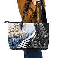 Personalised New Zealand Pakeha Leather Tote Bag Kiwi Silver Fern and Sailing Ship Compass LT14 - Polynesian Pride
