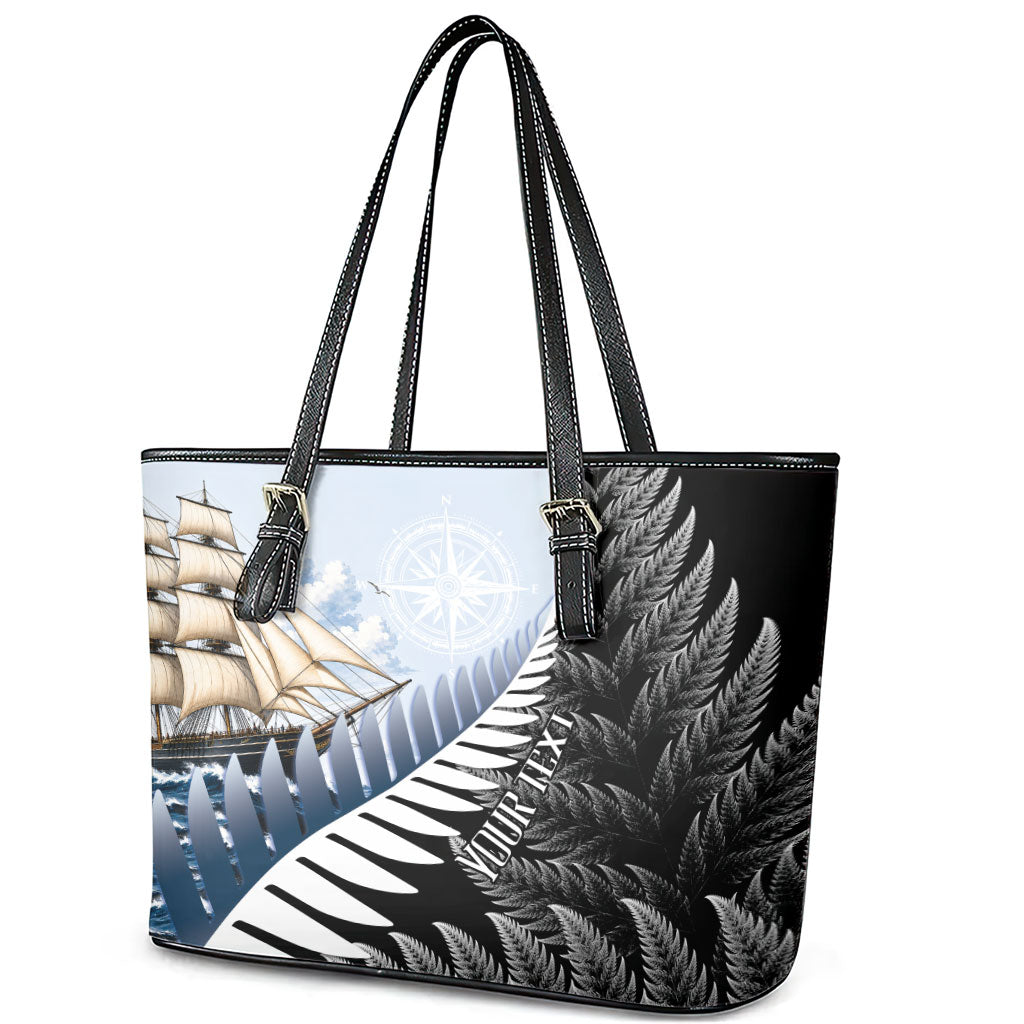 Personalised New Zealand Pakeha Leather Tote Bag Kiwi Silver Fern and Sailing Ship Compass LT14 - Polynesian Pride