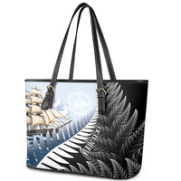 Personalised New Zealand Pakeha Leather Tote Bag Kiwi Silver Fern and Sailing Ship Compass LT14 - Polynesian Pride