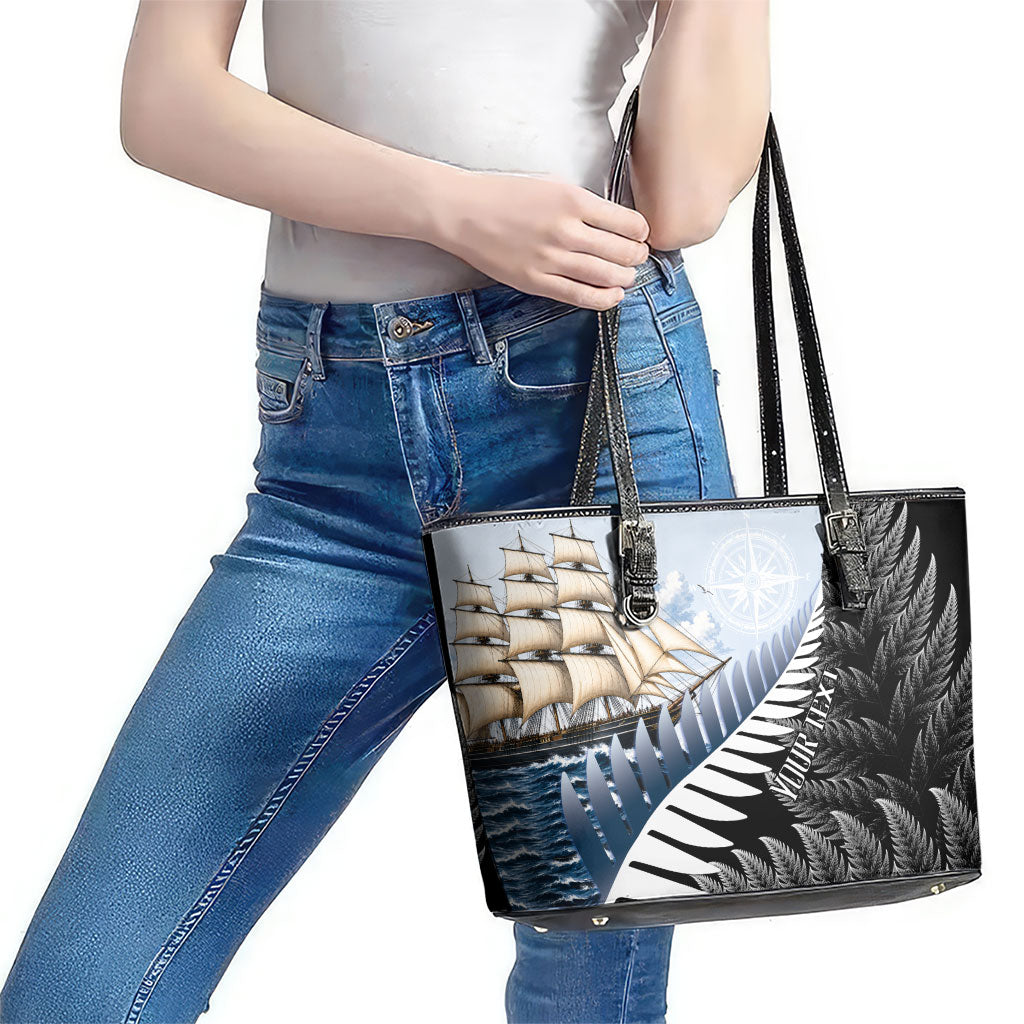 Personalised New Zealand Pakeha Leather Tote Bag Kiwi Silver Fern and Sailing Ship Compass LT14 - Polynesian Pride