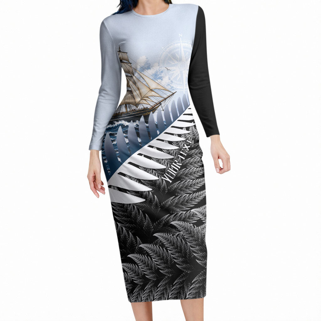 Personalised New Zealand Pakeha Long Sleeve Bodycon Dress Kiwi Silver Fern and Sailing Ship Compass LT14 Long Dress Blue - Polynesian Pride