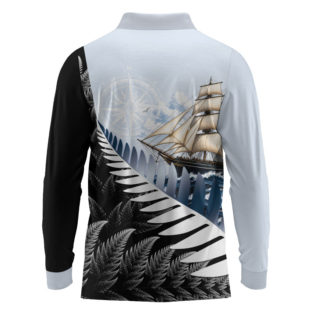 Personalised New Zealand Pakeha Long Sleeve Polo Shirt Kiwi Silver Fern and Sailing Ship Compass LT14 - Polynesian Pride