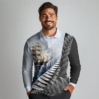 Personalised New Zealand Pakeha Long Sleeve Polo Shirt Kiwi Silver Fern and Sailing Ship Compass LT14 - Polynesian Pride