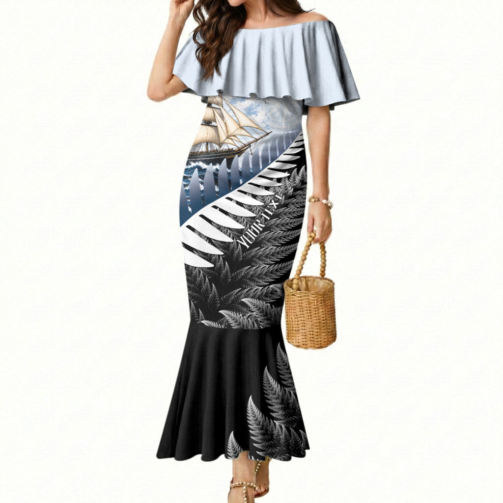 Personalised New Zealand Pakeha Mermaid Dress Kiwi Silver Fern and Sailing Ship Compass LT14 Women Blue - Polynesian Pride