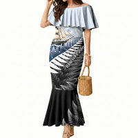 Personalised New Zealand Pakeha Mermaid Dress Kiwi Silver Fern and Sailing Ship Compass LT14 Women Blue - Polynesian Pride