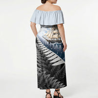 Personalised New Zealand Pakeha Off Shoulder Maxi Dress Kiwi Silver Fern and Sailing Ship Compass LT14 - Polynesian Pride
