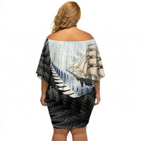 Personalised New Zealand Pakeha Off Shoulder Short Dress Kiwi Silver Fern and Sailing Ship Compass LT14 - Polynesian Pride